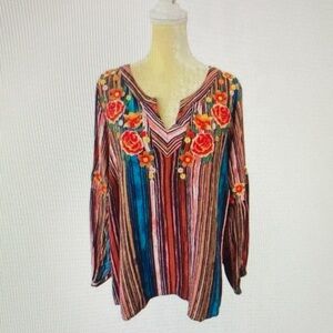 Embroidered Stripe V-Neck Women's Top - Multicolor